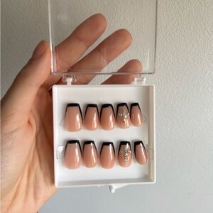Nude and Black Press-On Nails with Silver Accents